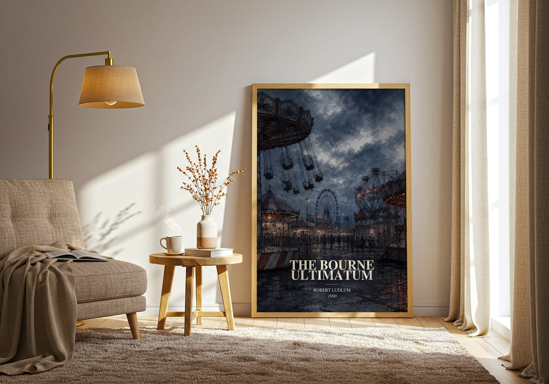The Bourne Ultimatum watercolour print in frame leaning in hallway – thriller wall art (mockup)