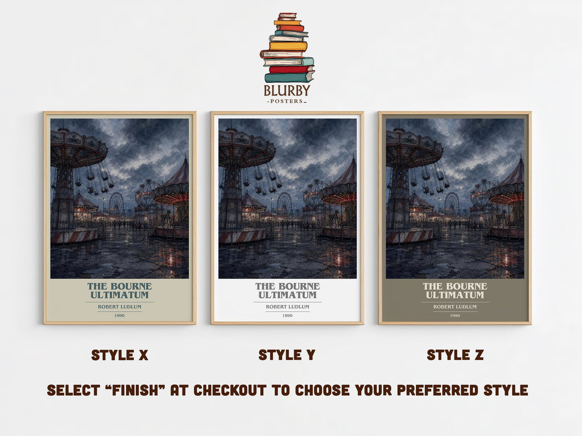 The Bourne Ultimatum book cover print in frame leaning in hallway – thriller wall art (mockup)
