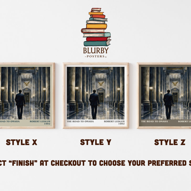 The Road to Omaha literary print in frame leaning in hallway – thriller wall art
