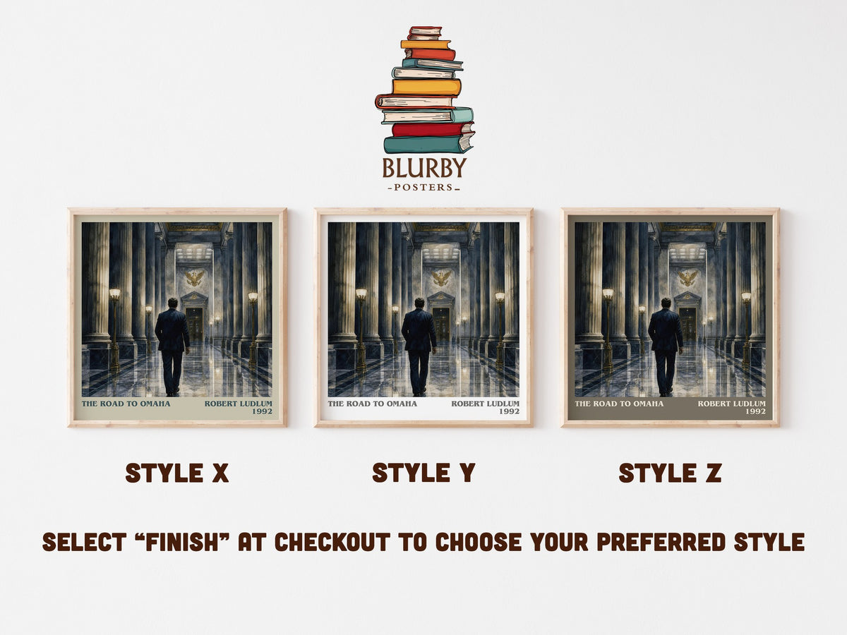 The Road to Omaha literary print in frame leaning in hallway – thriller wall art (mockup)