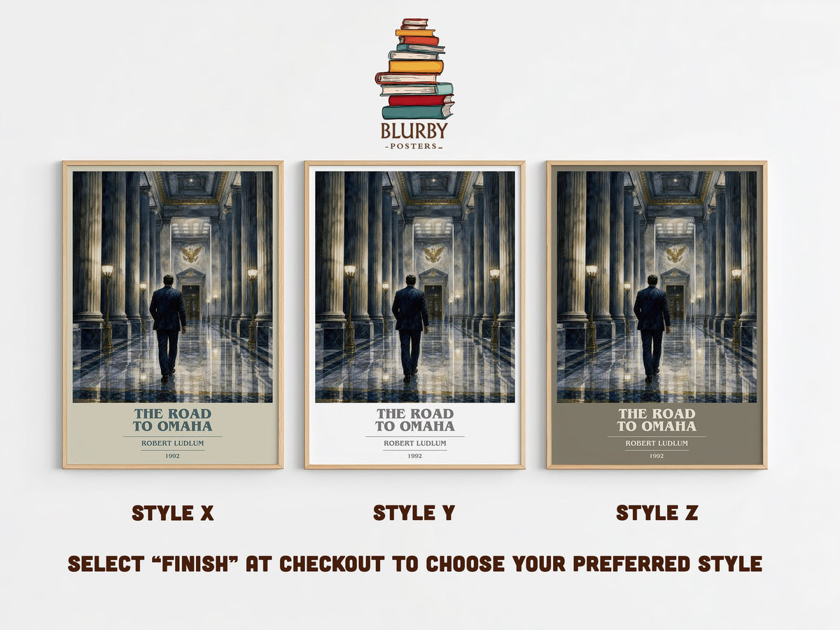 The Road to Omaha book cover print in frame leaning in hallway – thriller wall art (mockup)