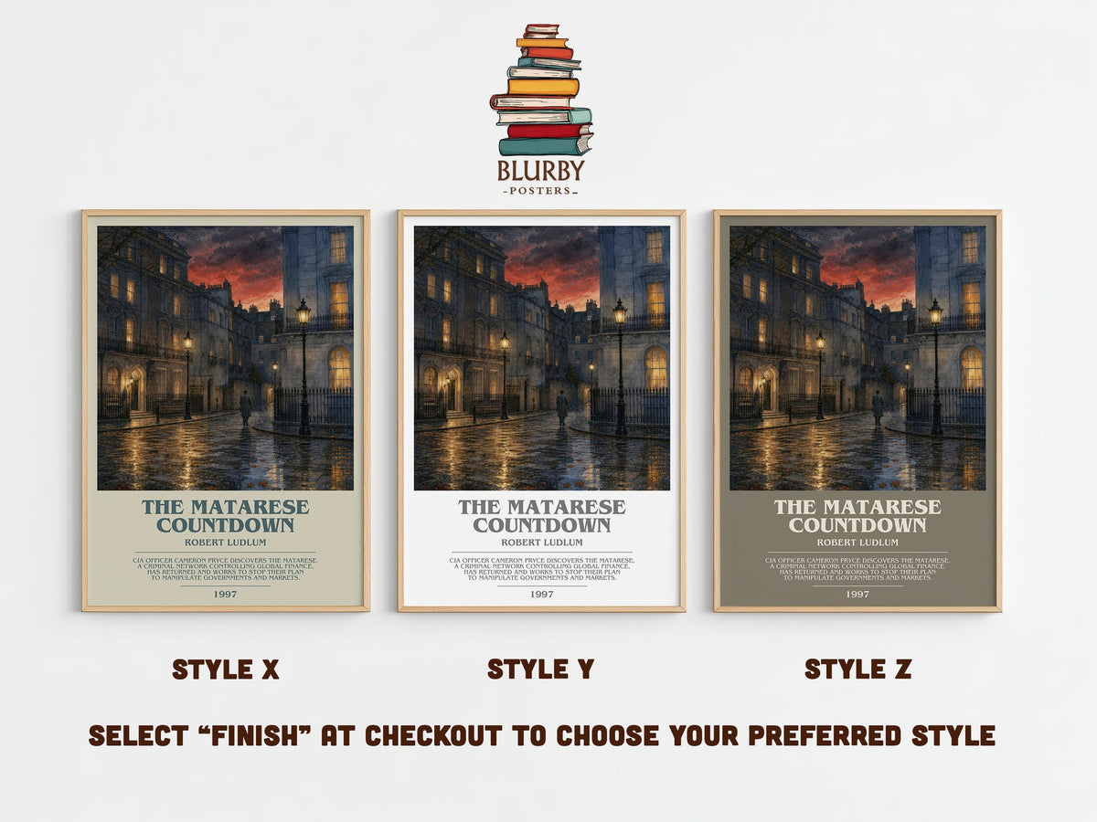 The Matarese Countdown bookish print in frame leaning in hallway – thriller wall art (mockup)