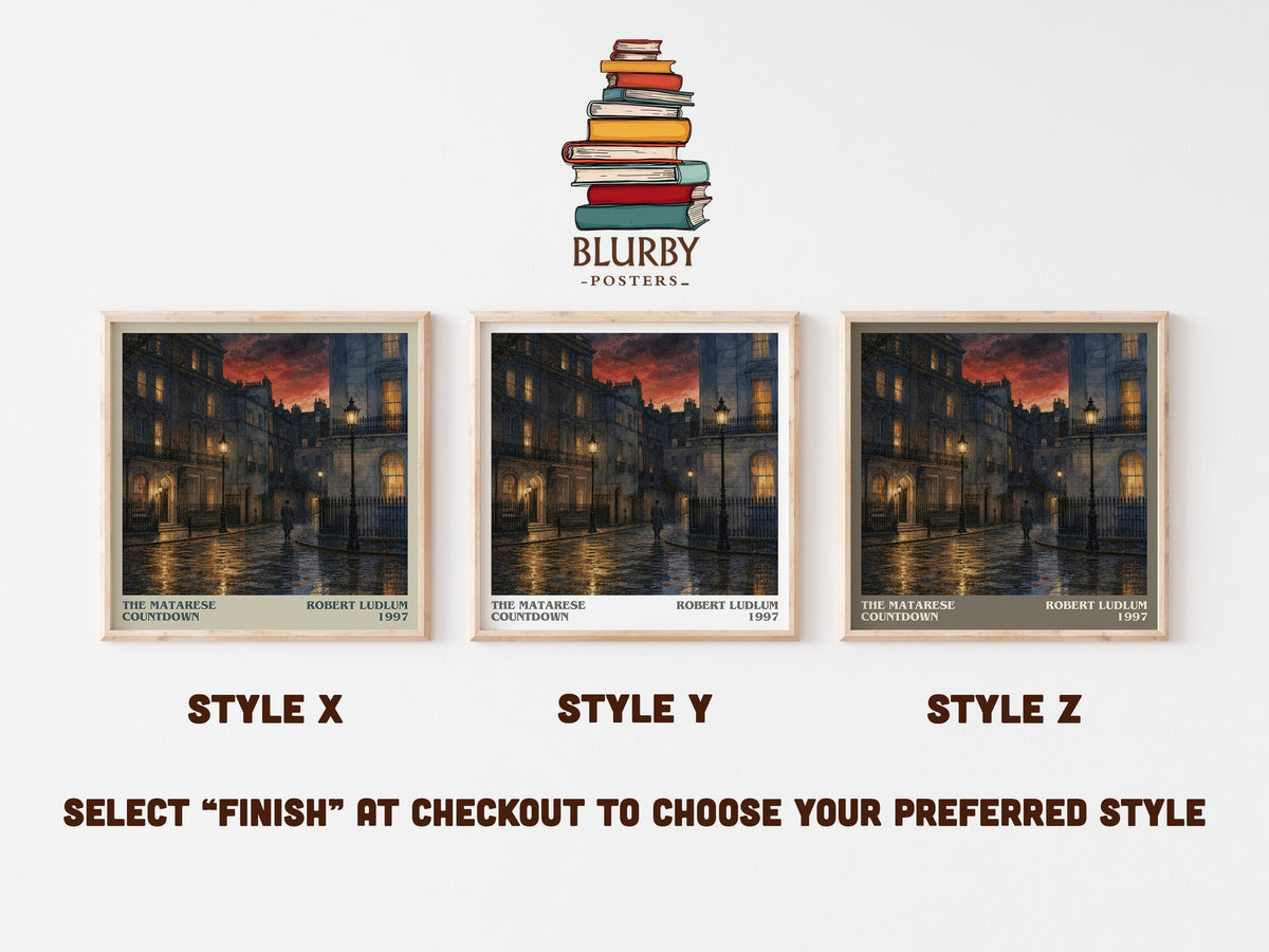 The Matarese Countdown literary print in frame leaning in hallway – thriller wall art (mockup)