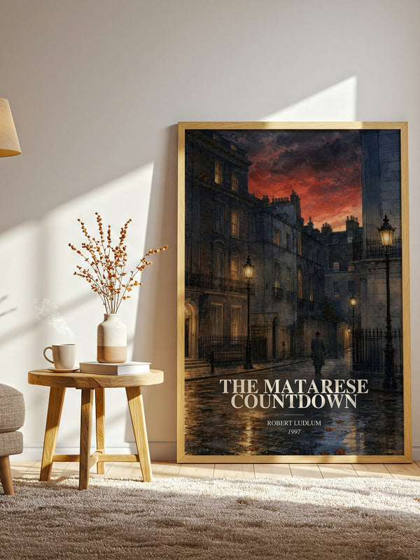 The Matarese Countdown watercolour print in frame leaning in hallway – thriller wall art