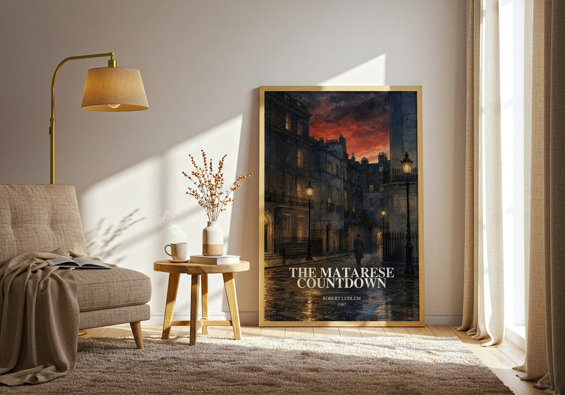 The Matarese Countdown watercolour print in frame leaning in hallway – thriller wall art (mockup)