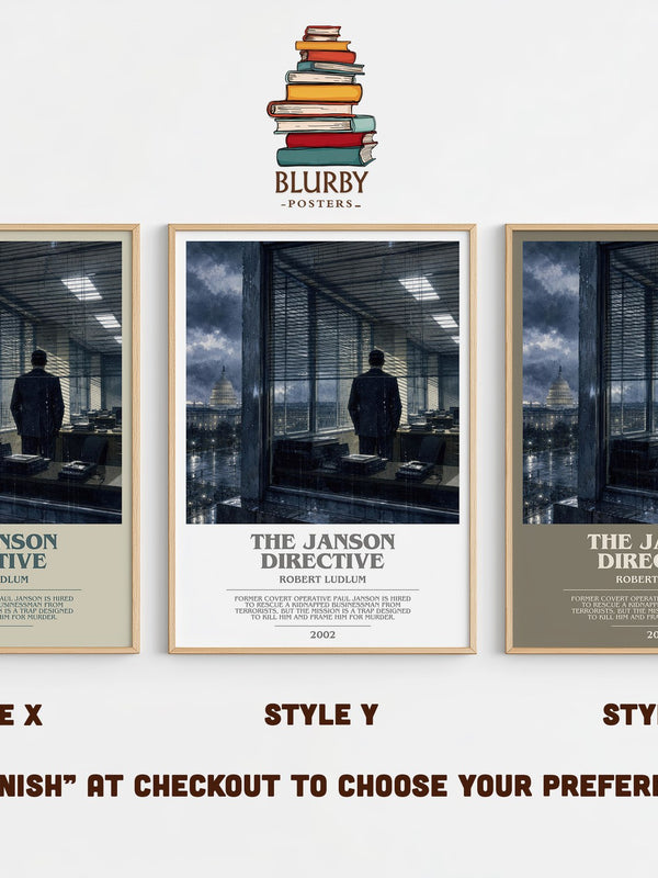 The Janson Directive bookish print in frame leaning in hallway – thriller wall art