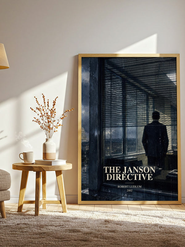 The Janson Directive watercolour print in frame leaning in hallway – thriller wall art