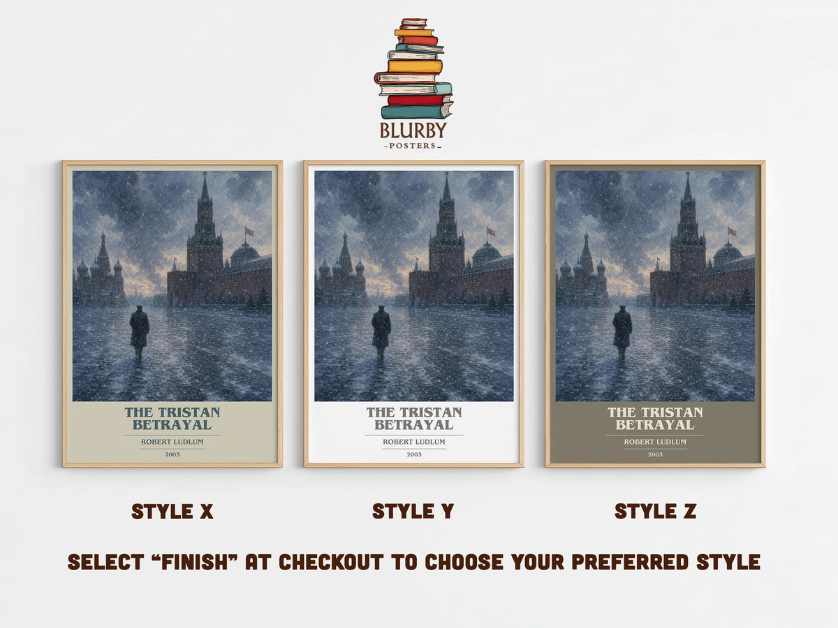 The Tristan Betrayal book cover print in frame leaning in hallway – thriller wall art (mockup)