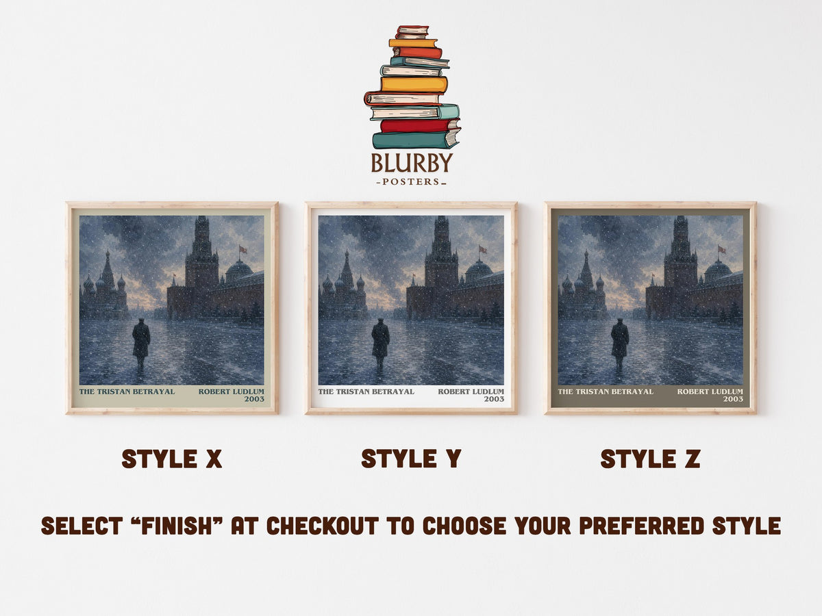 The Tristan Betrayal literary print in frame leaning in hallway – thriller wall art (mockup)