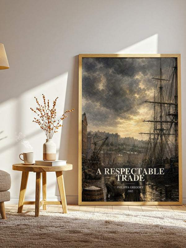 A Respectable Trade watercolour print in frame leaning in hallway – historical fiction wall art