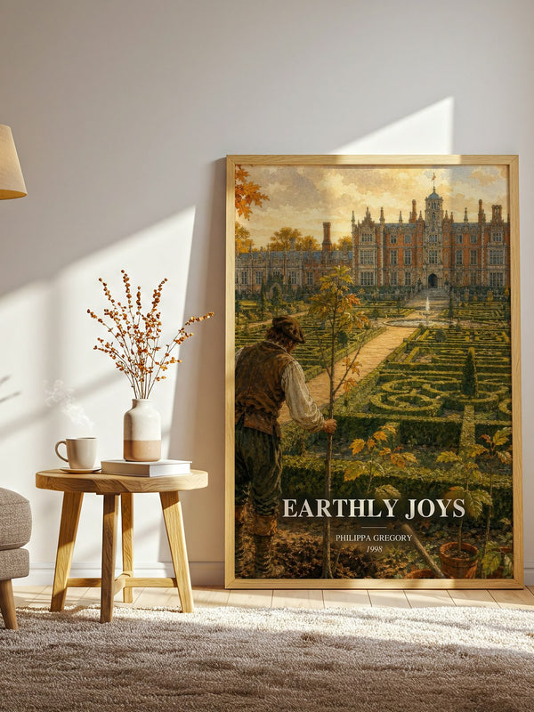 Earthly Joys watercolour print in frame leaning in hallway – historical fiction wall art