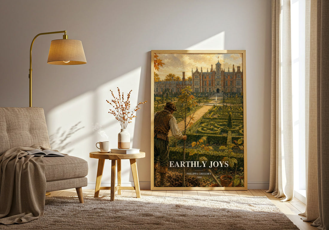 Earthly Joys watercolour print in frame leaning in hallway – historical fiction wall art (mockup)