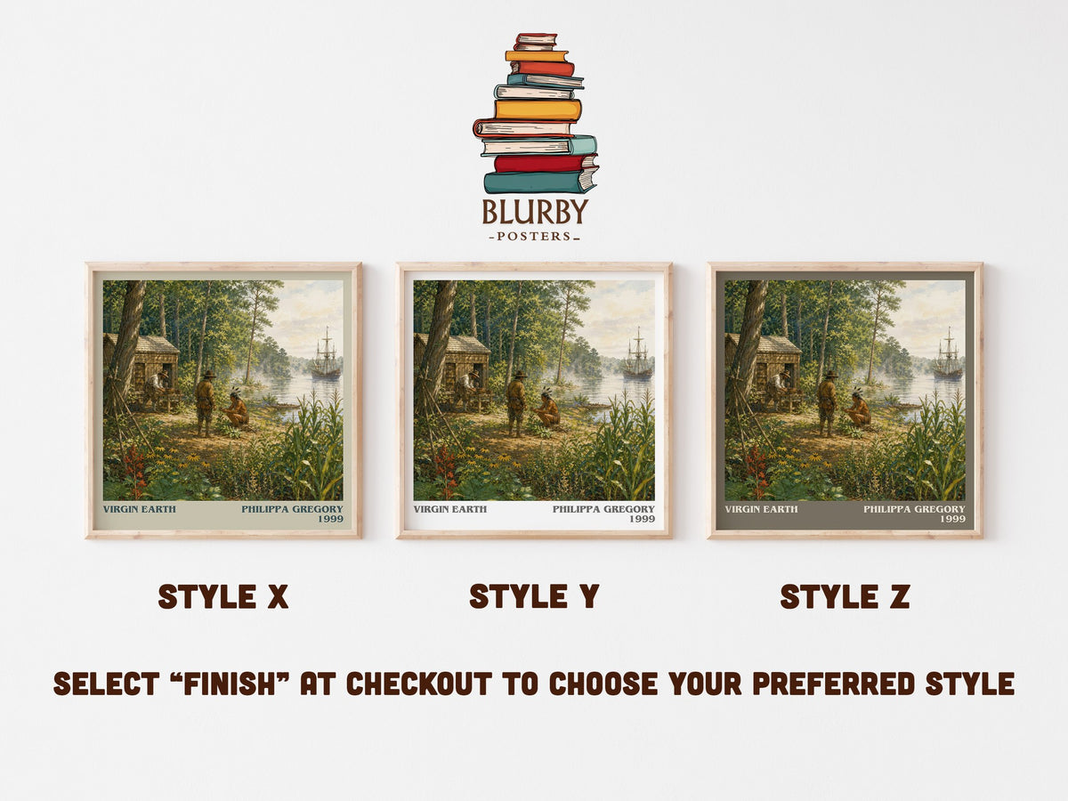 Virgin Earth literary print in frame leaning in hallway – historical fiction wall art (mockup)