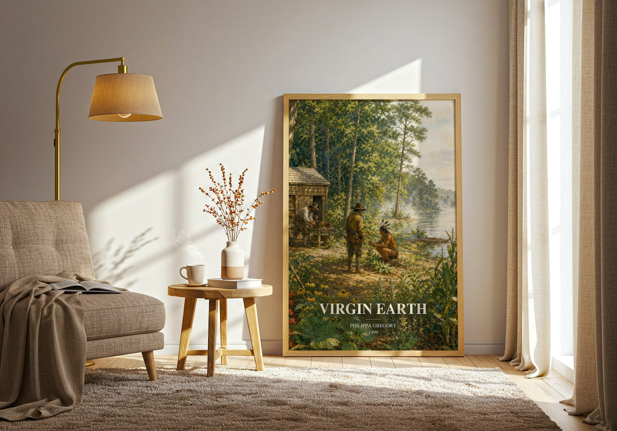 Virgin Earth watercolour print in frame leaning in hallway – historical fiction wall art (mockup)