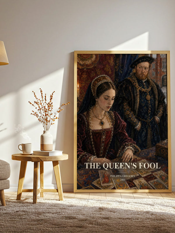 The Queen's Fool watercolour print in frame leaning in hallway – historical fiction wall art