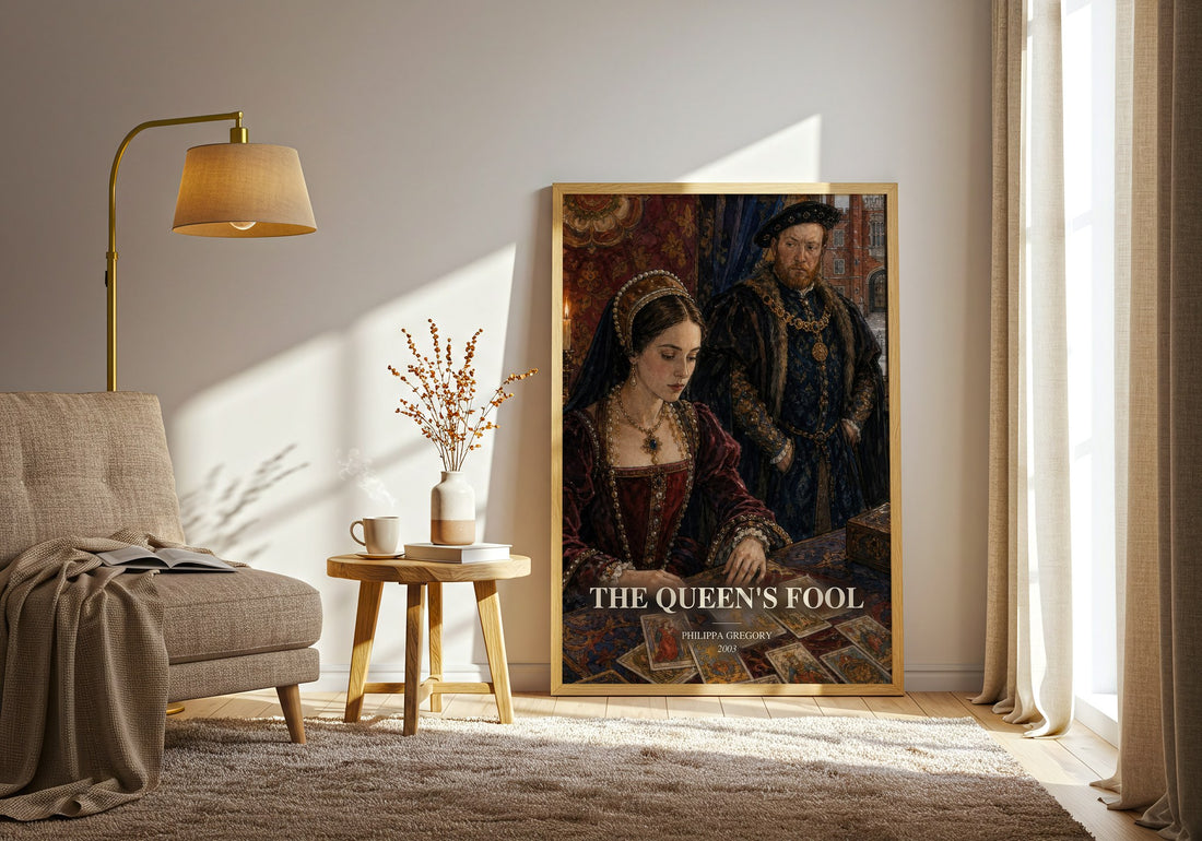The Queen's Fool watercolour print in frame leaning in hallway – historical fiction wall art (mockup)