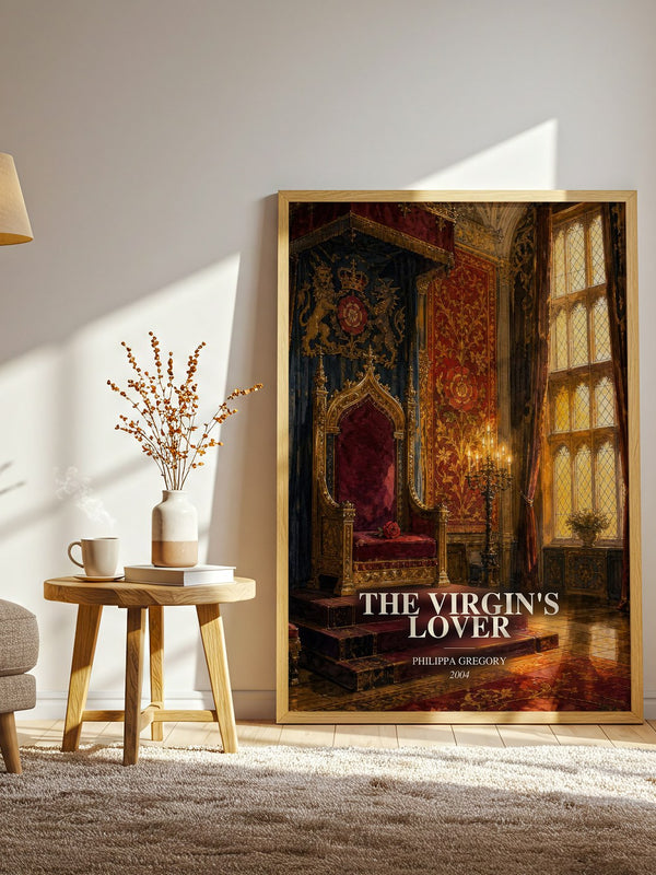 The Virgin's Lover watercolour print in frame leaning in hallway – historical fiction wall art