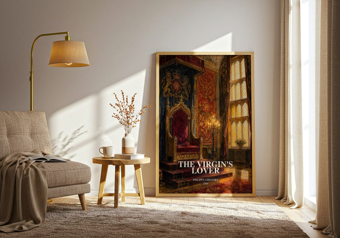 The Virgin's Lover watercolour print in frame leaning in hallway – historical fiction wall art (mockup)