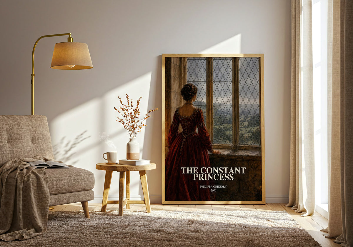 The Constant Princess watercolour print in frame leaning in hallway – historical fiction wall art (mockup)