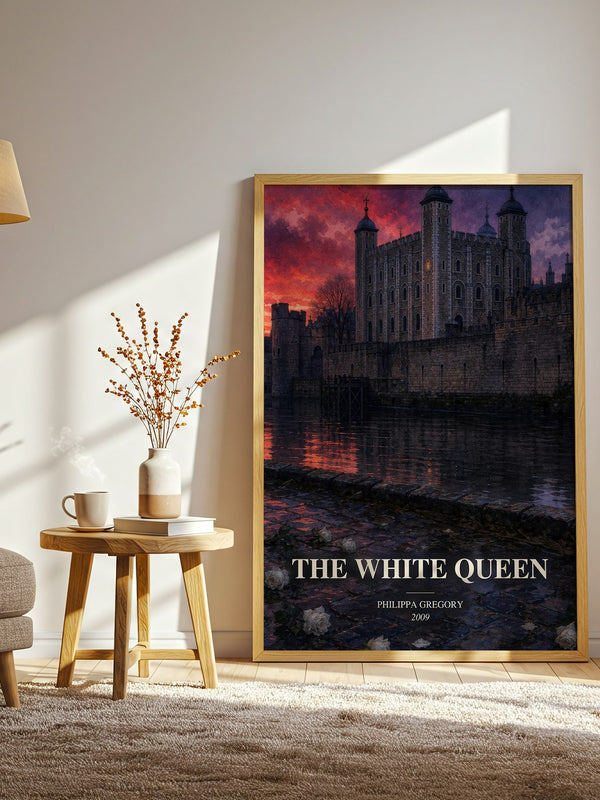 The White Queen watercolour print in frame leaning in hallway – historical fiction wall art
