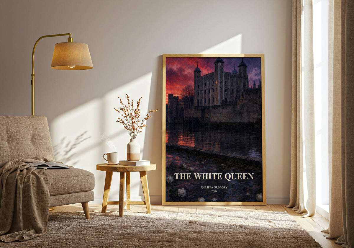 The White Queen watercolour print in frame leaning in hallway – historical fiction wall art (mockup)