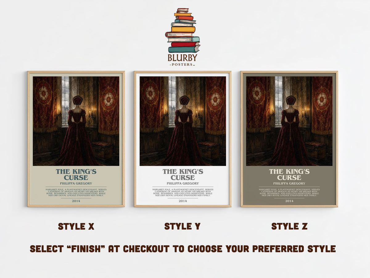 The King's Curse bookish print in frame leaning in hallway – historical fiction wall art (mockup)