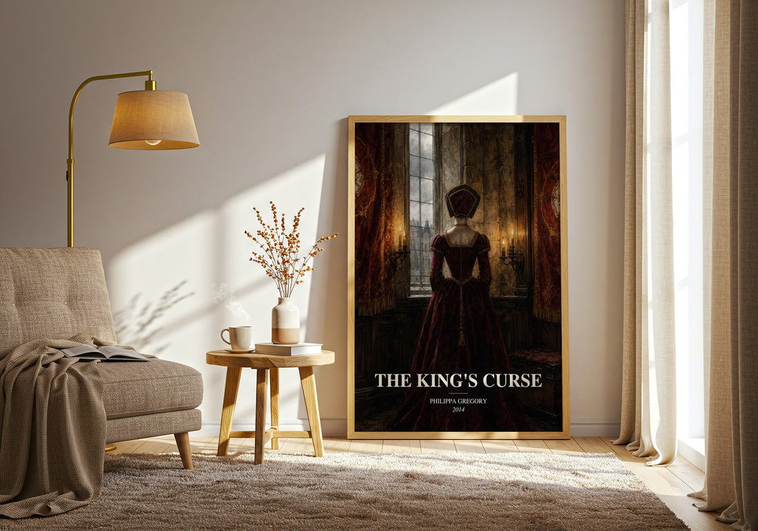 The King's Curse watercolour print in frame leaning in hallway – historical fiction wall art (mockup)