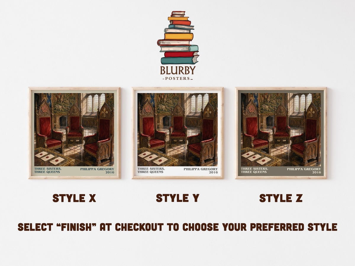 Three Sisters, Three Queens literary print in frame leaning in hallway – historical fiction wall art (mockup)