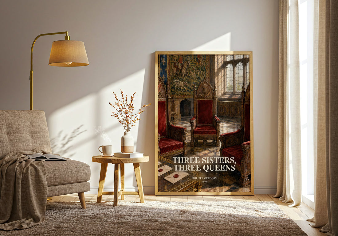 Three Sisters, Three Queens watercolour print in frame leaning in hallway – historical fiction wall art (mockup)