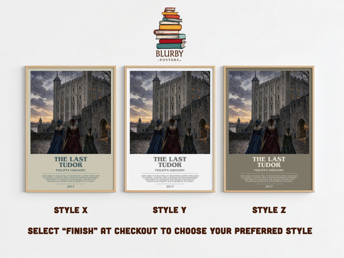 The Last Tudor bookish print in frame leaning in hallway – historical fiction wall art (mockup)