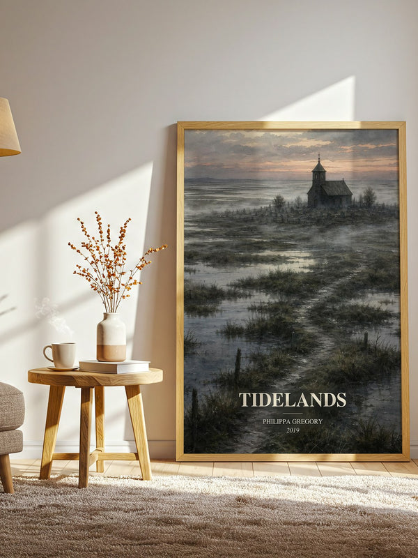 Tidelands watercolour print in frame leaning in hallway – historical fiction wall art