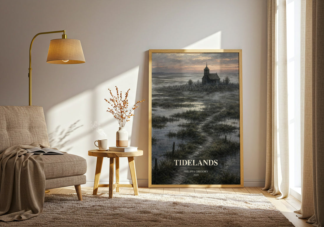 Tidelands watercolour print in frame leaning in hallway – historical fiction wall art (mockup)