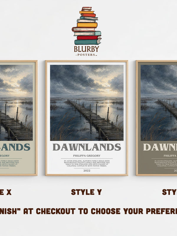 Dawnlands bookish print in frame leaning in hallway – historical fiction wall art
