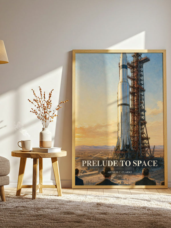 Prelude to Space watercolour print in frame leaning in hallway – sci fi wall art