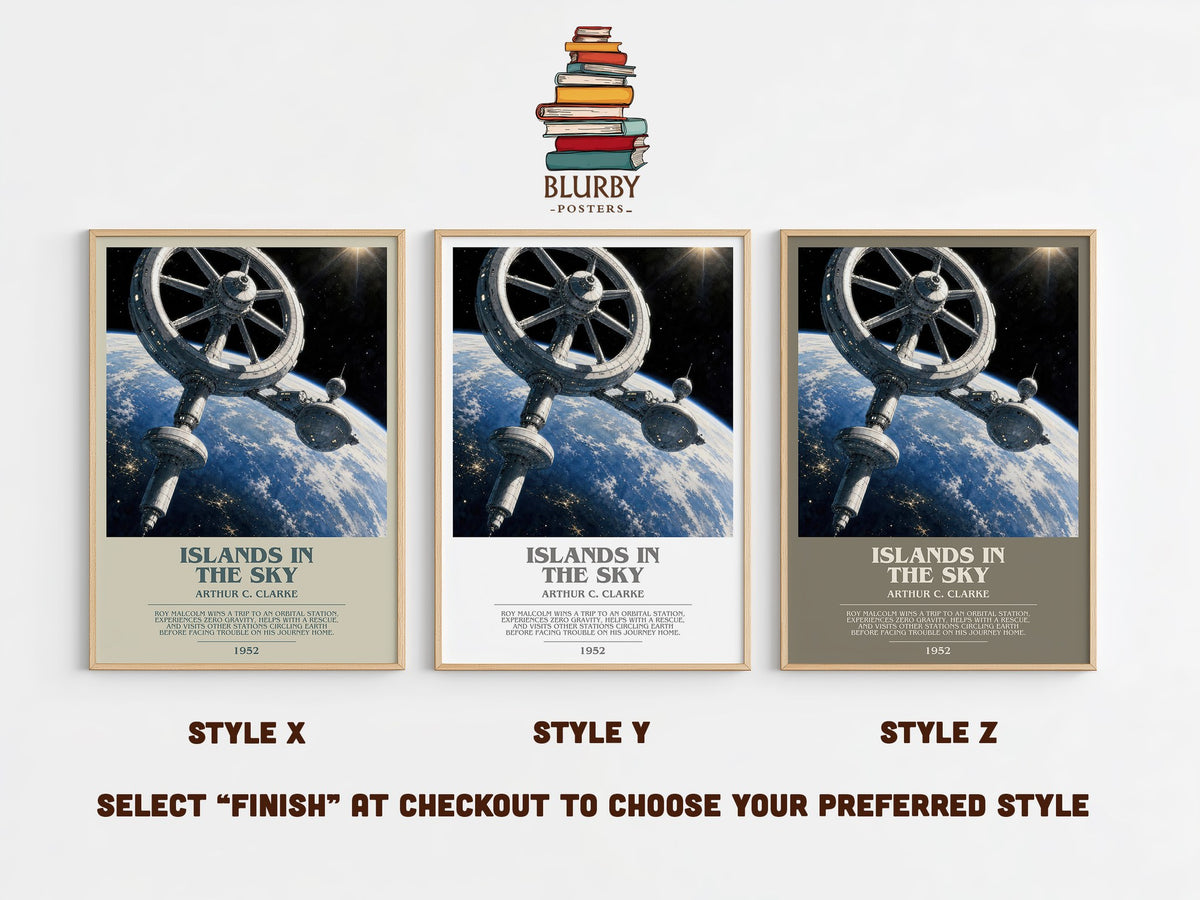 Islands in the Sky bookish print in frame leaning in hallway – sci fi wall art (mockup)