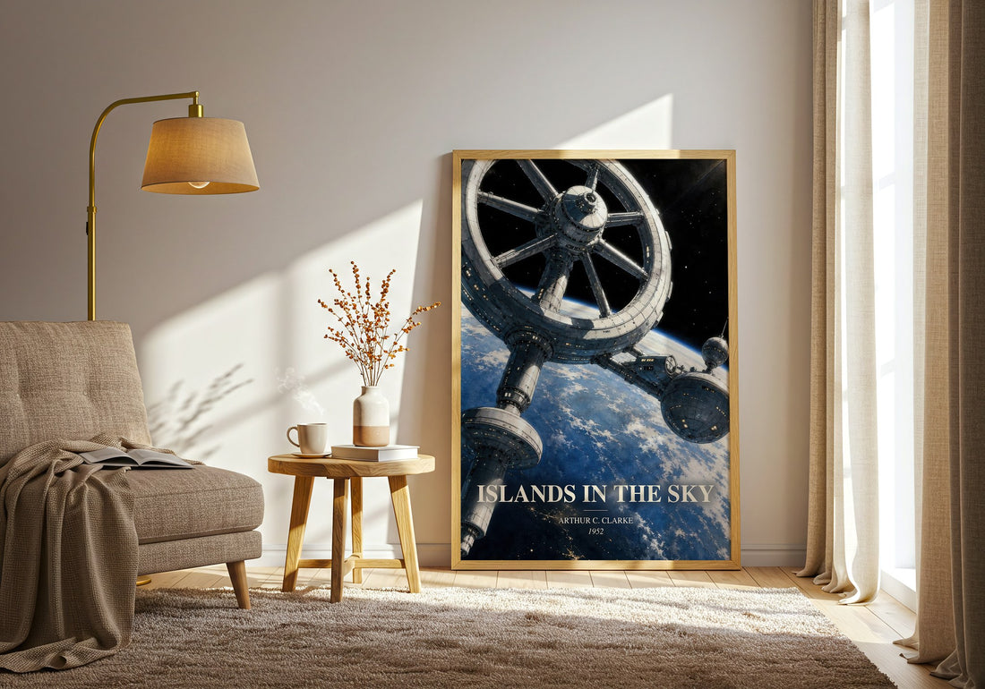 Islands in the Sky watercolour print in frame leaning in hallway – sci fi wall art (mockup)