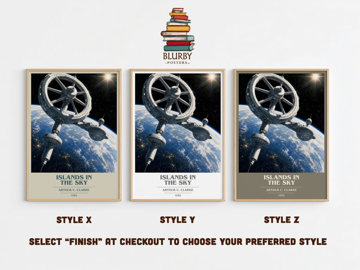 Islands in the Sky book cover print in frame leaning in hallway – sci fi wall art (mockup)