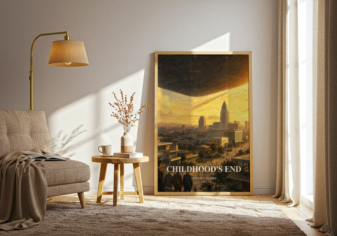 Childhood's End watercolour print in frame leaning in hallway – sci fi wall art (mockup)