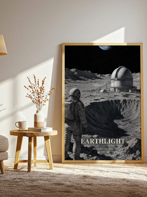 Earthlight watercolour print in frame leaning in hallway – sci fi wall art