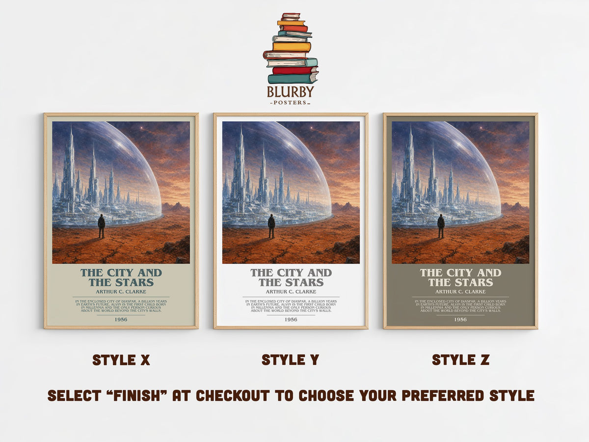 The City and the Stars bookish print in frame leaning in hallway – sci fi wall art (mockup)