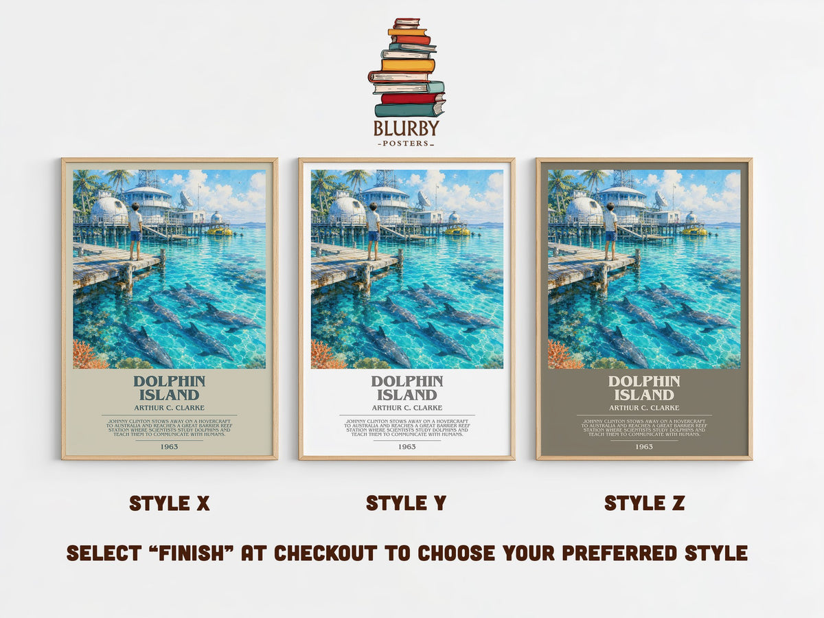 Dolphin Island bookish print in frame leaning in hallway – sci fi wall art (mockup)