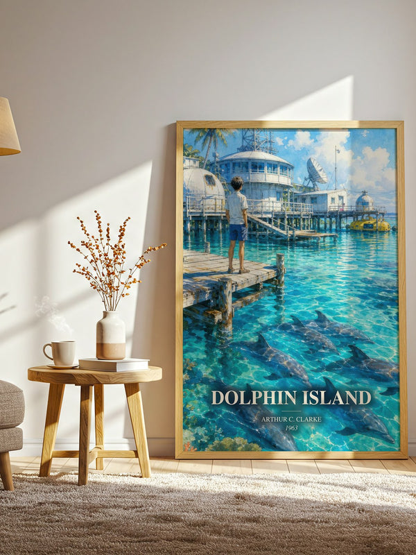 Dolphin Island watercolour print in frame leaning in hallway – sci fi wall art