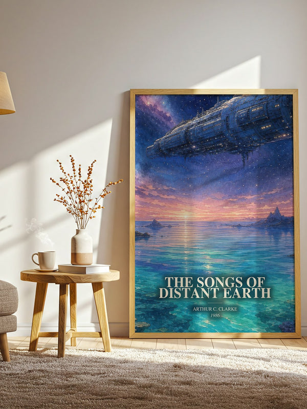 The Songs of Distant Earth watercolour print in frame leaning in hallway – sci fi wall art