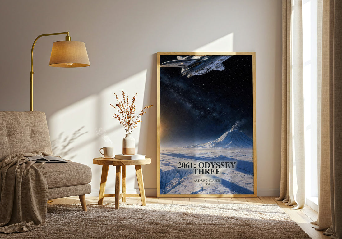 2061: Odyssey Three watercolour print in frame leaning in hallway – sci fi wall art (mockup)