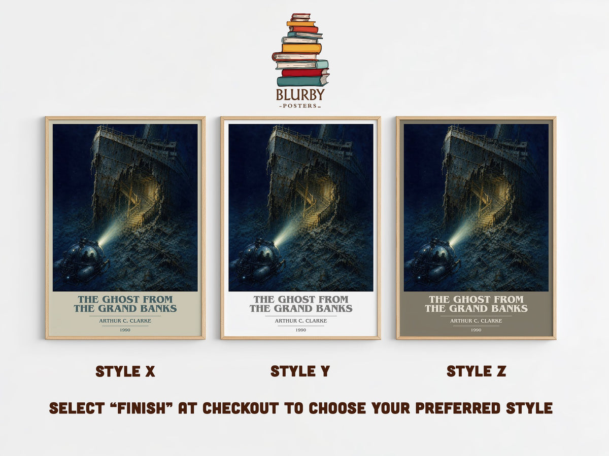 The Ghost from the Grand Banks book cover print in frame leaning in hallway – sci fi wall art (mockup)
