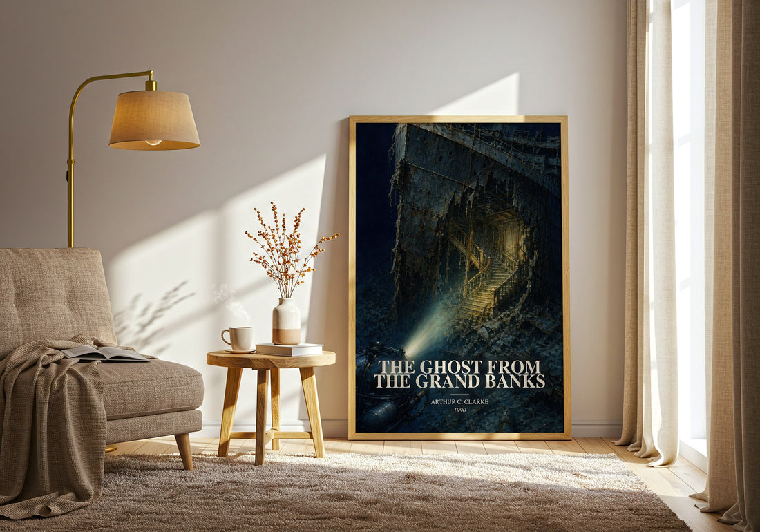The Ghost from the Grand Banks watercolour print in frame leaning in hallway – sci fi wall art (mockup)