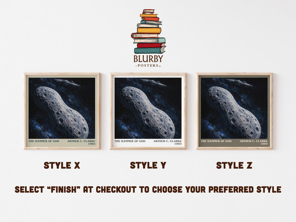 The Hammer of God literary print in frame leaning in hallway – sci fi wall art (mockup)