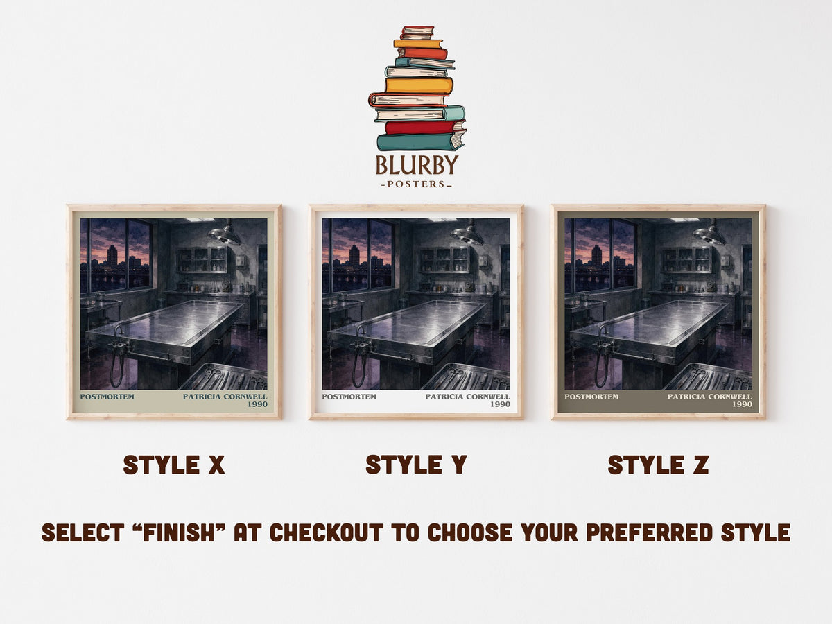Postmortem literary print in frame leaning in hallway – crime wall art (mockup)