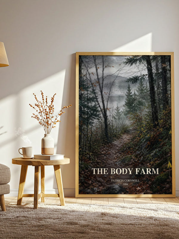The Body Farm watercolour print in frame leaning in hallway – crime wall art