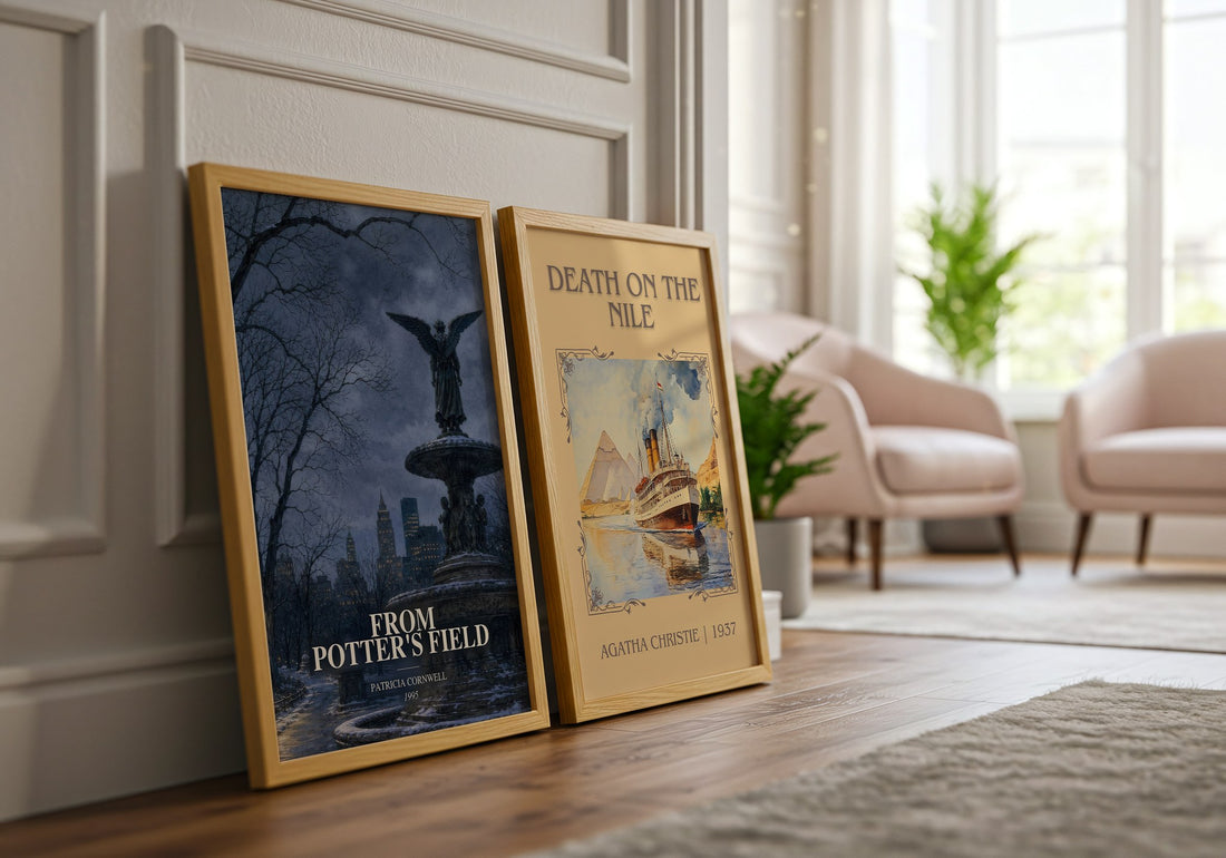 From Potter's Field watercolour print framed by window – literary home decor